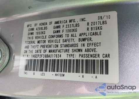 2011 Honda Accord 2.4 Lx z USA, uszkodzony, nr VIN 1HGCP2F38BA017634